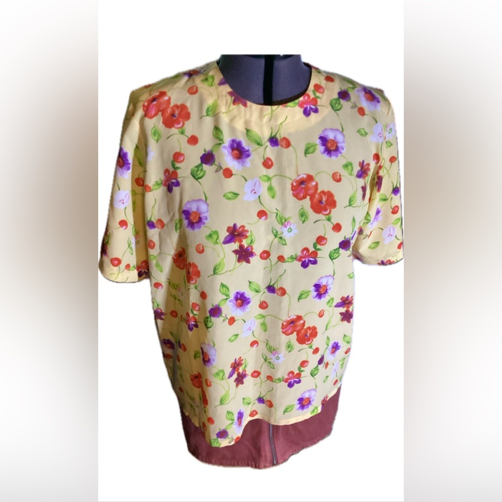 Vintage 90’s Yellow Floral & Cherry Top XL/Size 18
